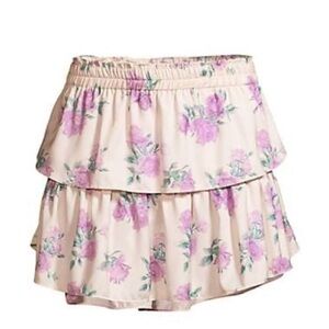 LoveShackFancy Floral Mini Ruffle Skirt in Lilac and Cream in Mauve Rose